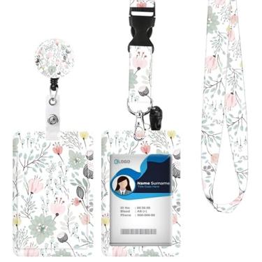 Imagem de Porta-crachá de identificação com cordão retrátil e chaveiro, carretel de crachá com clipe de mosquetão giratório, folha de flor verde tropical, etiqueta de nome, cordão, protetor de identidade