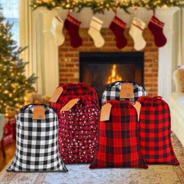 Imagem de OuMuaMua Sacos de presente de Natal de tecido com cordão, 6 peças, preto, vermelho e branco, sacos xadrez de búfalo com etiquetas de presente Kraft, sacos de presente de Natal para embrulhar e guardar