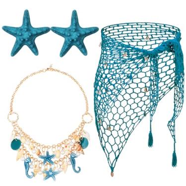 Imagem de Cotwinter 4 peças de fantasia de sereia para cosplay de Halloween feminino, saia de crochê de sereia, colar de estrela do mar, grampo de cabelo, Azul pavão, Tamanho Único
