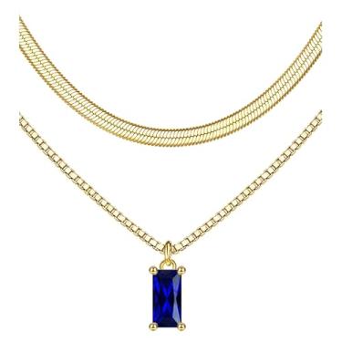 Imagem de Colares femininos com pedra do mês de nascimento de ouro - Colar delicado banhado a ouro 14K em camadas com pingente de diamante verde brilhante, simples, leve, conjunto de colar de corrente de ouro