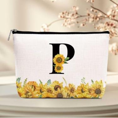 Imagem de Bolsa de maquiagem inicial personalizada, monograma girassol bolsa de maquiagem de higiene pessoal fofa bolsa de cosméticos bolsa organizadora de maquiagem dia das mães casamento presentes de