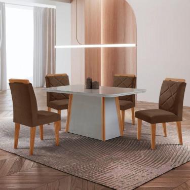 Imagem de Mesa De Jantar Diane E 4 Cadeiras Melissa Moderna Mobilia Veludo Marrom/off/nat/serig Off Com Vidro