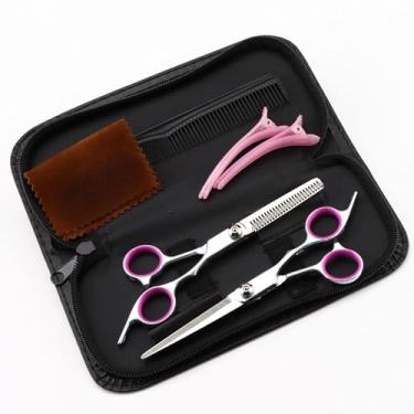 Imagem de Conjunto de 5 tesouras de corte de cabelo, kit de tesouras de barbeiro profissional com tesoura de desbaste, tesoura reta, pente, clipes e estojo de armazenamento para salão de beleza uso doméstico