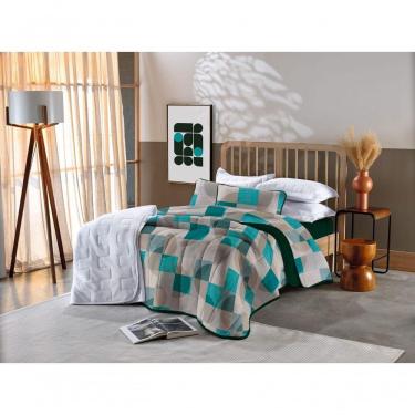 Imagem de Kit Cobre Leito Casal 3 Pçs Em Malha Quadriculado Verde