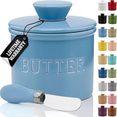 Imagem de Priority Chef Prioritychef Butter Crock com Tampa, Manteiga para Barrar Sob Demanda, Protetor de Manteiga Francesa para Deixar No Balcão com Linha de Água, Prato de Manteiga Francesa de Cerâmica, Azul