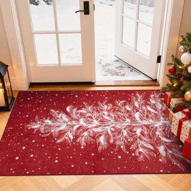 Imagem de Lahome Tapete de Natal com estampa de árvore – Tapete antiderrapante 5 x 10 cm, tapete de corredor de Natal pequeno, lavável vermelho, tapete de banheiro macio, decoração de férias, capacho não