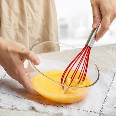 Imagem de Batedor de ovos de silicone com cabo de aço inoxidável, batedor de ovos com cabo de arame vermelho para cozinha doméstica e restaurante, ferramenta de cozimento manual para misturar, bater, mexer e