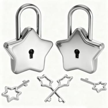 Imagem de LITAITAI Mini cadeado decorativo em forma de estrela, cadeado de estrela dourada com chave de 2 estrelas, livro diário de bolsa de mão para armário de bagagem, cadeado de armário de academia fácil e