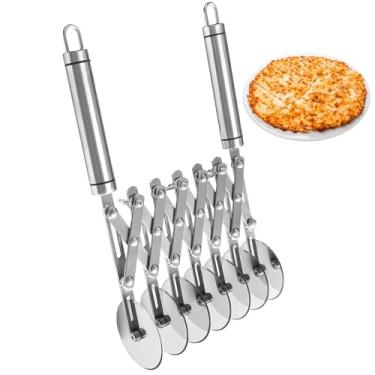 Imagem de Cortador de massa de aço inoxidável de 7 rodas, rolo de pizza ajustável com alças, cortador de torta dobrável