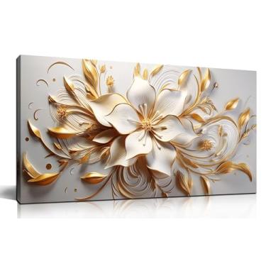 Imagem de CPKATMT Pintura de flores decoração de parede sala de estar branco e dourado arte de parede para quarto arte moderna decoração de parede tamanho escritório 50,8 cm x 101,6 cm