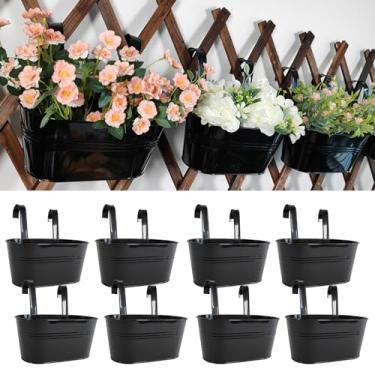 Imagem de Joyfernal Pacote com 8 vasos de metal pendurados para plantas ao ar livre, 25,4 cm de altura, vasos de corrimão para decoração de jardim, pátio, varanda, balde de flores com ganchos removíveis (preto