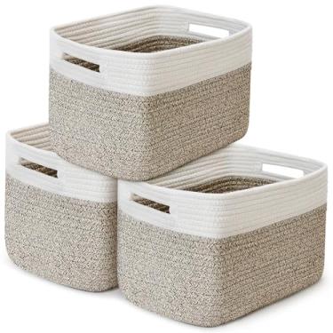 Imagem de Pacote com 3 cestas de armazenamento de tecido, cestas de corda de armário para organização, caixas quadradas de 38 x 25 x 23 cm com alças, branco + marrom arroz