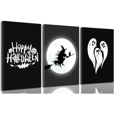 Imagem de Arte de parede em tela de fantasma de terror Halloween bruxa voando em uma vassoura, pintura de parede, decoração de parede, gótico, sombrio, pôster impresso, arte para festa de Halloween na sala de