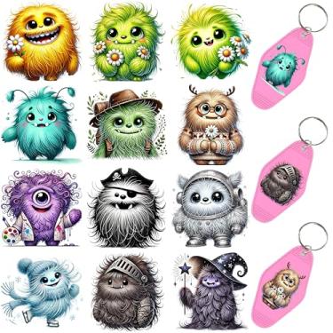Imagem de 60 peças de papéis de transferência de chaveiro UV DTF - Decalques de vinil para chaves e etiquetas de bagagem, desenhos engraçados com revestimento resistente a arranhões, papéis de transferência