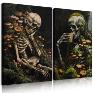 Imagem de EGMAVQZY 2 peças arte de parede em tela de caveira gótica decoração de parede estilo escolar escuro esqueleto vintage impressão de pintura para sala de estar quarto corredor pronto para pendurar (40 x
