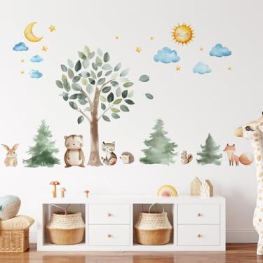 Imagem de Decalques de parede de pinheiro grande, adesivos de arte de urso animal da floresta, decalque de quarto de bebê em aquarela da floresta, pinheiros de carvalho e criaturas da floresta, decalques de