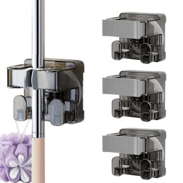 Imagem de Beciway Pacote com 4 suportes para vassoura e esfregão sem broca, organizador resistente com sucção a vácuo com gancho, suporte de vassoura de silicone antiderrapante para banheiro, cozinha, varanda e
