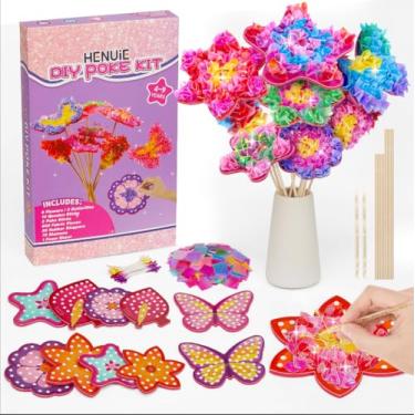 Imagem de HENUIE Kits de Poke DIY para meninas de 4 a 8 anos, buquê de flores divertido sem bagunça com estames, 8 flores e 2 borboletas, presentes de aniversário de atividades criativas para crianças de 4 a 5