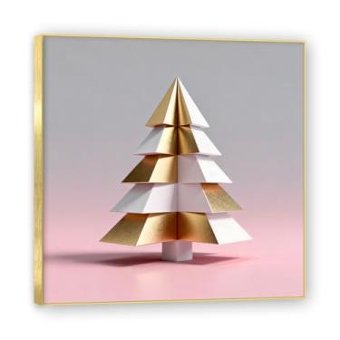 Imagem de Moldura dourada. Arte moderna de presente de Natal, arte geométrica de árvore rosa empoeirada e dourada, tela emoldurada pronta para pendurar para uma casa de férias elegante. A22. 30x30cm-11,8x11,8