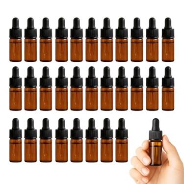 Imagem de 30 frascos conta-gotas de vidro âmbar de 5 ml, recipientes conta-gotas de óleo essencial recarregáveis com tampas pretas, pequeno frasco de pipeta de tamanho de viagem para líquido, perfume, óleo, uso