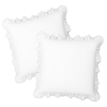 Imagem de Josojoou Conjunto de 2 fronhas brancas com babados, 66 x 66 cm, capas de travesseiro brancas quadradas, de algodão resistente a amassados, para sofá-cama e sala de estar