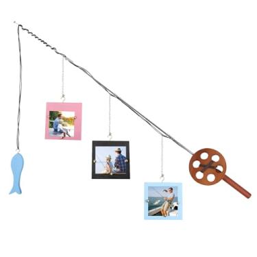 Imagem de meiqidi Porta-retrato de vara de pesca de madeira com 3 molduras de 10 x 10 cm, design de vara de pesca, decoração de parede ajustável para casa de lago, cabana, parede de fazenda, amantes de pesca