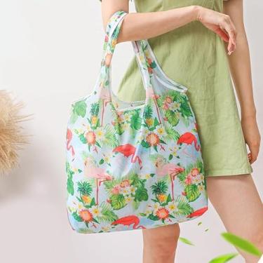Imagem de 1 bolsa de compras grande dobrável, bolsa de compras reutilizável, bolsa feminina portátil à prova d'água - estampa de flamingo verde