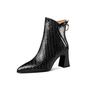 Imagem de TinaCus Bota feminina de couro envernizado em relevo, bico fino, feita à mão, com zíper nas costas, salto alto, Preto, 40