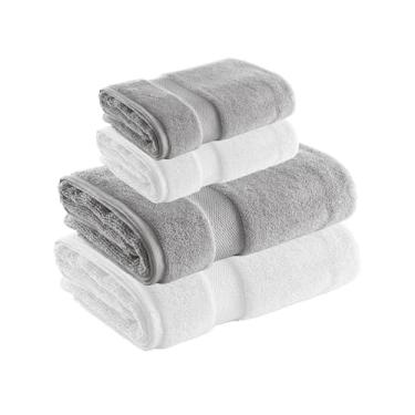 Imagem de Jogo de Toalhas Super Soft Zero Twist 4 Pe�as � Banh�o e Rosto � 500g/m� � Toque Macio, Alta Absor��o e Secagem R�pida � Altihaus (Branco/Cinza)