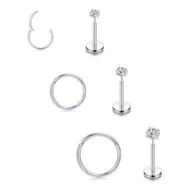 Imagem de 6 argolas articuladas de aço cirúrgico 316L para mulheres e homens, kit de piercing de 16G com costas planas para tragus/concha/torre/daith/lábio/labret/septo/nariz, joias hipoalergênicas, 16G(1.2mm