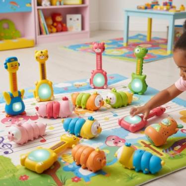 Imagem de Brinquedo Musical Infantil Guitarra Elétrica de Animais com Luzes LED Instrumentos Musicais Educativos + Brinquedos interativo Largata e Rena Fujona (Gato)