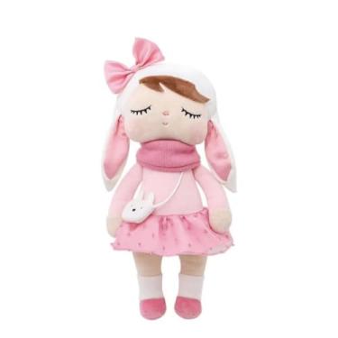 Imagem de Boneca de Pelúcia Infantil, Rosa, Design Fofo com Laço, Vestido Estampado e Coelho, Brinquedo Macio para Crianças