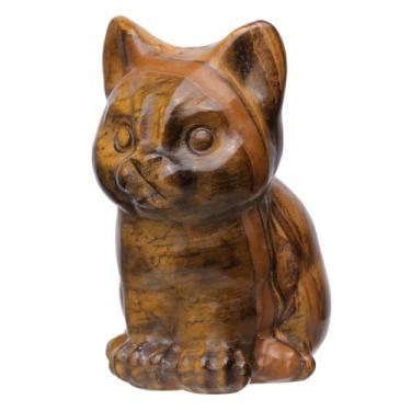 Imagem de TUMBEELLUWA Natural Tiger's Eye Stone Crystal Cat Figurine for Home Decor, Hand Carved Animal Sculpture Realistic Kitten Statue for Shelf Office Desk Ornament
