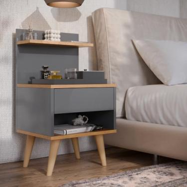 Imagem de Mesa de Cabeceira Retrô Multiuso com Prateleira e Gaveta Astra (1UN CINZA NATURE)