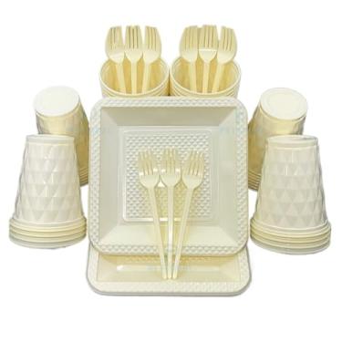 Imagem de Kit 260 Itens Descartaveis Festa Aniversário Prato Quadrado Diamante Plástico Colorido Perolado Candy Pastel (Amarelo Candy)