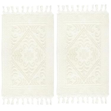 Imagem de COTTON CRAFT Tapete de tecido – Pacote com 2 tapetes texturizados em jacquard de algodão – Tapete rústico Boho Farmhouse com franja – Tapete lavável à máquina para quarto, sala de estar, entrada