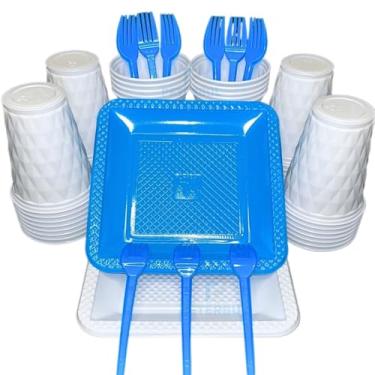 Imagem de Kit 260 Itens Descartaveis Festa Aniversário Prato Quadrado Diamante Plástico Colorido Perolado Candy Pastel (Branco Azul Bebe)