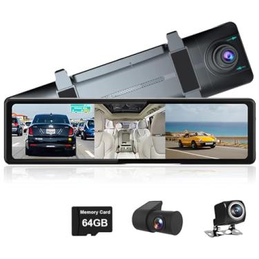 Imagem de XRC TECH 3 câmeras Dash Cam espelho retrovisor de 12 polegadas sem fio Bluetooth Carplay Android Auto 2,5K 2560*1440P GPS Tracker Digital Video Recorder FM Transmissor (64GB TF Card incluído)