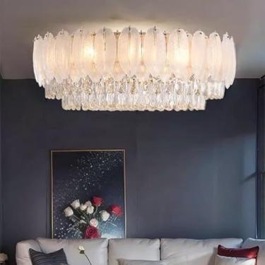 Imagem de Luminária de teto luxuosa com penas de cristal, estilo italiano creme de dupla camada, elegante e aconchegante, luminária sofisticada para sala de estar e corredor (redonda de 80 cm)