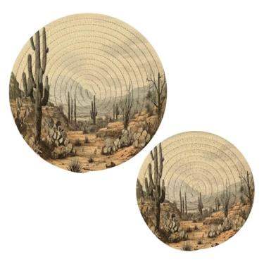 Imagem de Blueangle 2 peças de suporte de panela vintage de cacto - conjunto de pegadores de panela de tecido redondo - almofadas quentes trançadas de algodão - porta-copos - tapetes de mesa para cozinhar e