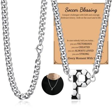 Imagem de NUKAYAI Colar de futebol com letra A a Z para homens, pingente de pingente de aço inoxidável, corrente de prata, acessórios de joias, material de 50,8 cm, colares personalizados, presentes de futebol