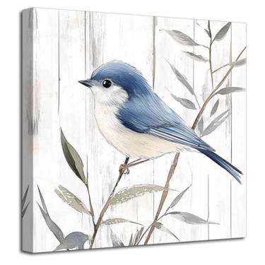 Imagem de LZIMU Pintura de parede azul cinza pássaro azul no galho pintura animal rústico pôster aquarela natureza casa de fazenda impressão em tela cozinha quarto decoração (branco, (12C x 12L))