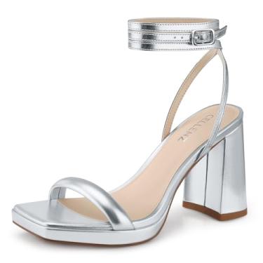 Imagem de CELLENZ Saltos plataforma grossos femininos: salto alto de 9 cm, festa, baile, sandálias quadradas de salto aberto, sapatos de casamento elegantes e sexy com tiras, Patente de prata, 37