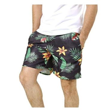 Imagem de Short Masculino Preto Verde Vermelho Praia Floral Folhas Poliéster Com Bolsos-Masculino
