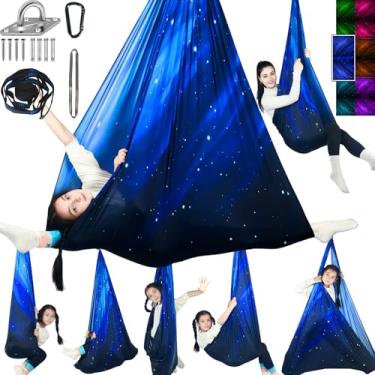 Imagem de HiChrote Balanço sensorial para crianças comporta até 136 kg de terapia interna e externa com gancho de rede kit de cabide para acalmar, efeito para autismo, TDAH ou SPD. (azul espacial)