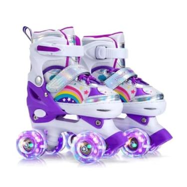Imagem de Patins Infantil 4 Rodas Com Luzes LED – Ajustável Com Estampa De Arco-Íris Bota Roxa Com Trava De Segurança e Conforto Ideal Para Crianças Em Início De Aprendizado 31 a 34 (SEM KIT DE PROTEÇÃO)