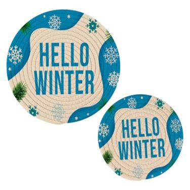 Imagem de Wassud Hello Winter Trivet Conjunto para pratos quentes, suportes redondos de algodão, almofadas quentes, porta-copos elegantes, decoração de cozinha e acessórios, 2 peças
