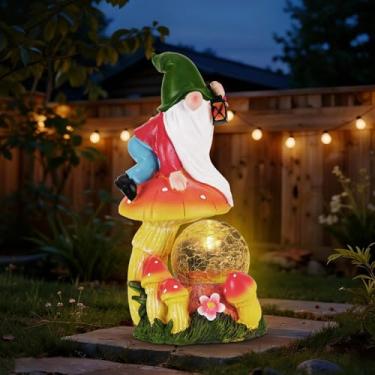 Imagem de Paxato Estátuas de jardim ao ar livre com luz, decorações de gnomos para quintal, gnomo de jardim solar com decoração de cogumelos, ornamentos de gramado para pátio, inauguração de casa na varanda