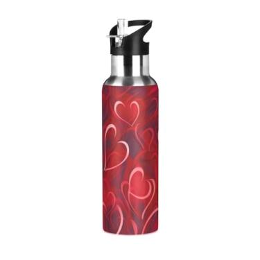 Imagem de Wassud Fundo vermelho de corações do dia dos namorados (2) garrafa de água esportiva de aço inoxidável com isolamento a vácuo de 600 ml com tampa de canudo à prova de vazamento, copo portátil para