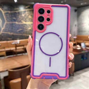 Imagem de HJZSZX Capa transparente 2 em 1 à prova de choque com carregamento sem fio magnético e moldura contrastante para Galaxy S23 PLUS (para Galaxy S23 PLUS/rosa roxa)